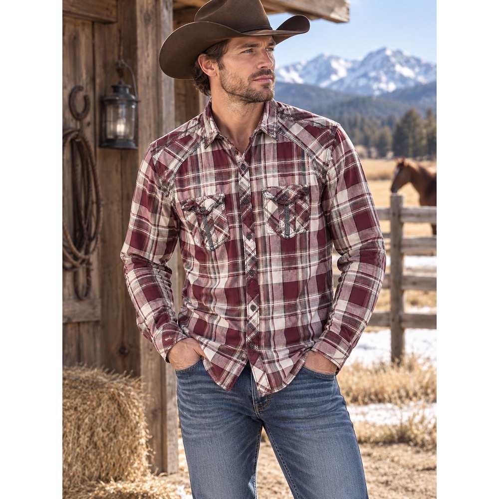 Buckle Black Plaid Button Down Shirt Red Cream LS Western Contrast Stitch Medium
